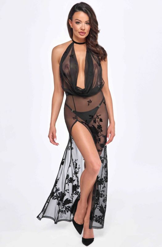 Сукня Noir Handmade F312 Divinity, L, black, прозора, до підлоги, відкрита спина, розріз збоку