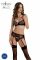 Комплект Passion LEAFA SET black, L/XL, мереживо+сітка, бюстгальтер на кісточках, стрінги, пояс для панчіх