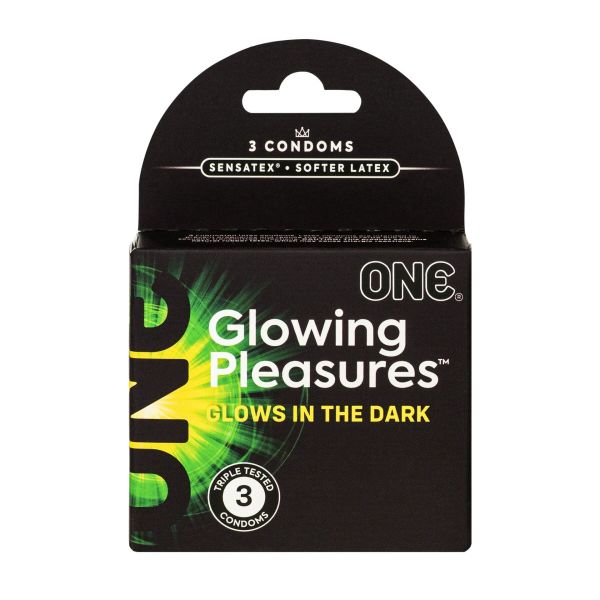 Презервативи ONE Glowing Pleasures, 3 шт, світяться в темряві, зі змазкою, картонне паковання