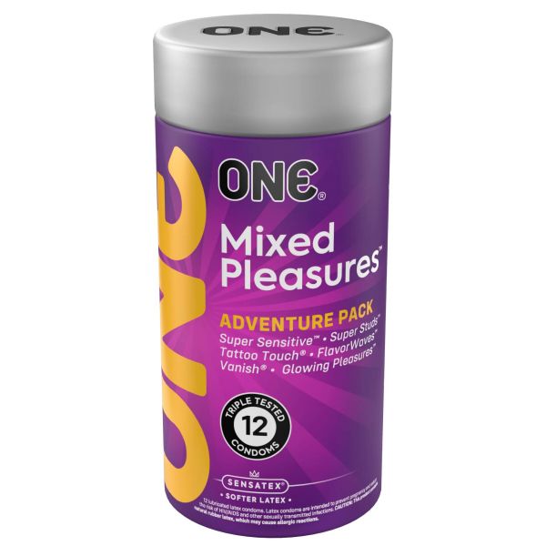 Презервативи ONE Mixed Pleasures, 12 шт, 6 видів, подарункове паковання-тубус