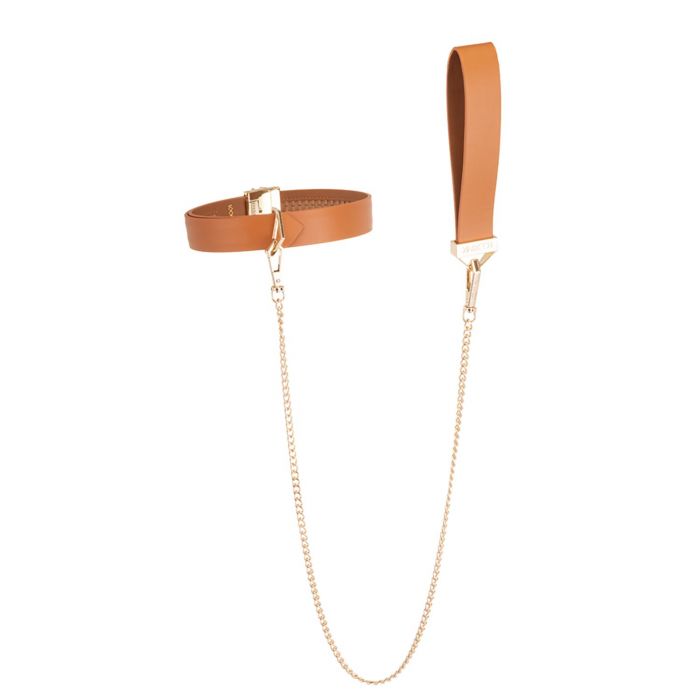 Нашийник з повідцем LOCKINK Tied Collar with Leash Set, коричневий, ланцюг зі шкіряною петлею та карабіном