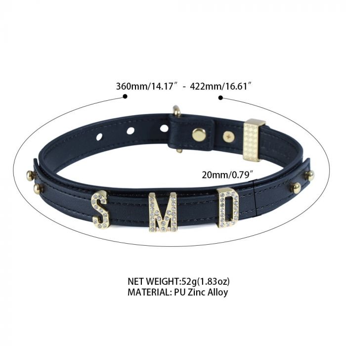 Нашийник LOCKINK Dark DIY Alphabet Collar, чорний, штучна шкіра, букви зі стразами
