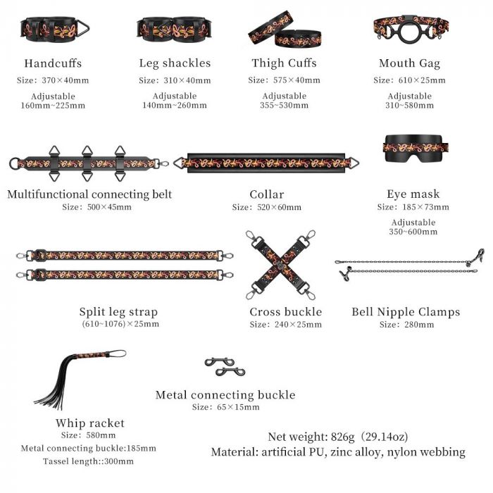БДСМ-набір LOCKINK The Flowering Serpent Bondage Set, чорний, з малюнком у вигляді змій, 12 предметів