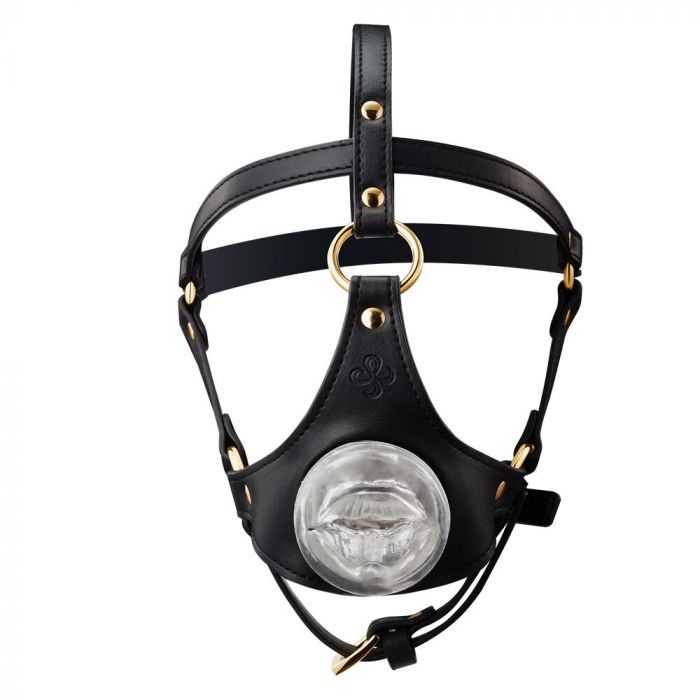 Маска-збруя для мінету LOCKINK SEVANDA Blowjob Head Harness, чорна, з м’якою вставкою у вигляді губ