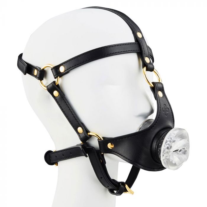 Маска-збруя для мінету LOCKINK SEVANDA Blowjob Head Harness, чорна, з м’якою вставкою у вигляді губ