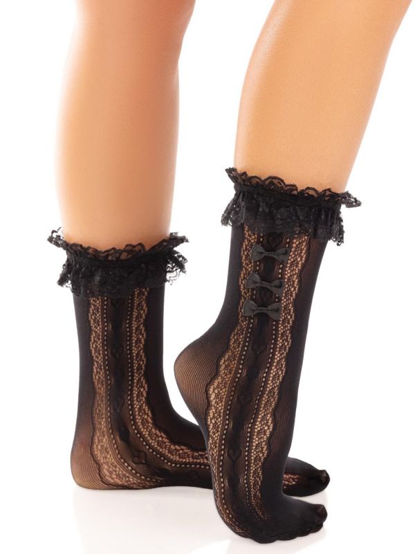 Шкарпетки ажурні Leg Avenue Mini Bow Lace Anklet, чорні, з рюшами, декор — бантики