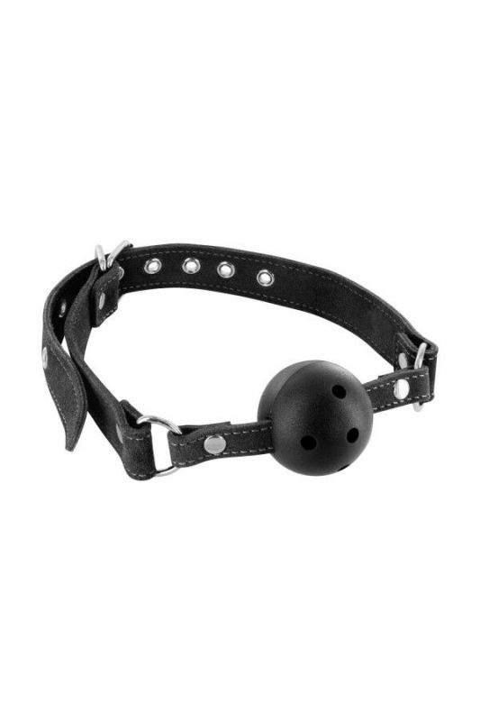 Повітропроникний кляп Fetish Tentation Premium Leather gag with stiff ball, шкіряний ремінець