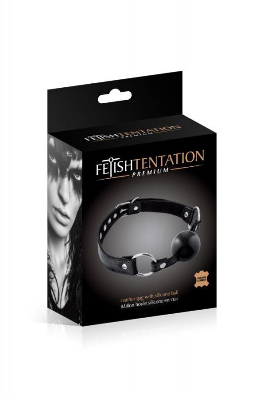 Кляп із силіконовою кулькою Fetish Tentation Premium Leather gag with silicone ball Black, шкіра
