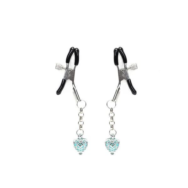Затискачі для сосків із сердечком Liebe Seele Glow-in-dark Nipple Clamps Light Blue, світяться в темряві