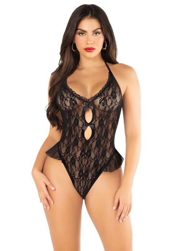 Боді з відкритою спиною та рюшами на стегнах Leg Avenue Lace Floral Lace Halter Teddy One Size, Black