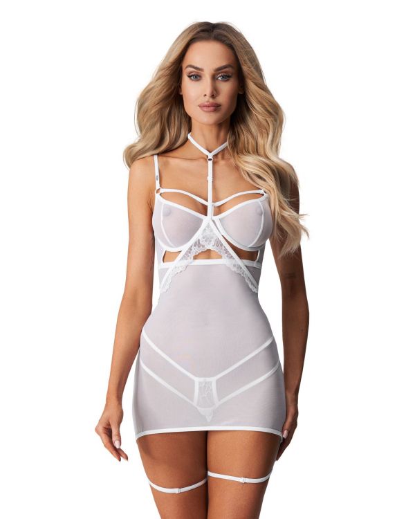 Бебі-дол Obsessive Arrowel White chemise 2XL/3XL, з декоративним чокером та гартерами