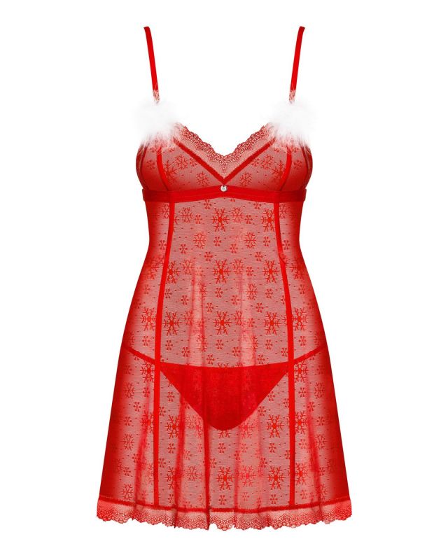Новорічна сорочка Obsessive Claussica L/XL, червона, прозора з візерунком, стрінги в комплекті