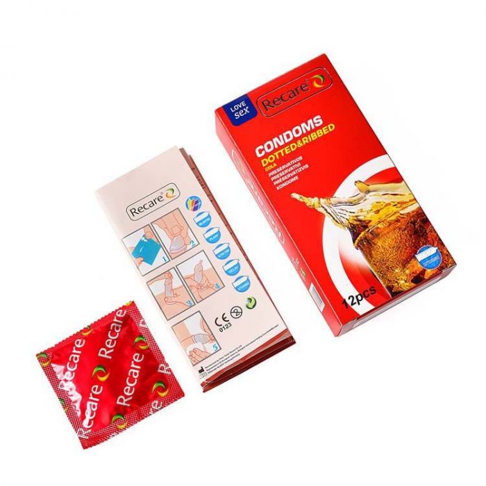 Презервативи Recare Cola Dotted&Ribbed Condoms 12 шт, з пухирцями та ребрами, аромат: Кола