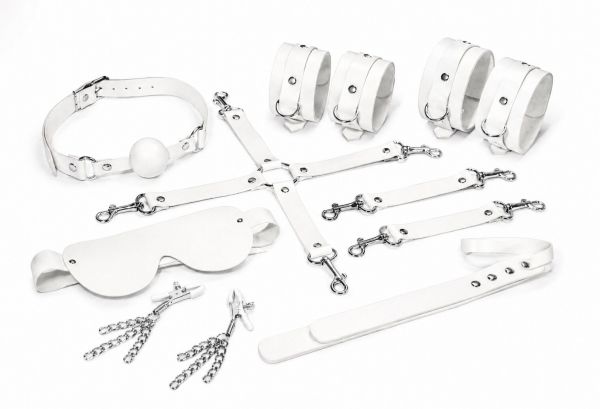Набір Feral Feelings BDSM Kit 7 White, наручники, поножі, конектор, маска, падл, кляп, затискачі