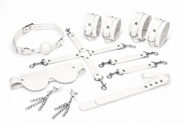 Набір Feral Feelings BDSM Kit 7 White, наручники, поножі, конектор, маска, падл, кляп, затискачі