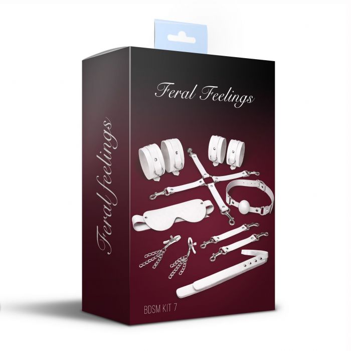 Набір Feral Feelings BDSM Kit 7 White, наручники, поножі, конектор, маска, падл, кляп, затискачі
